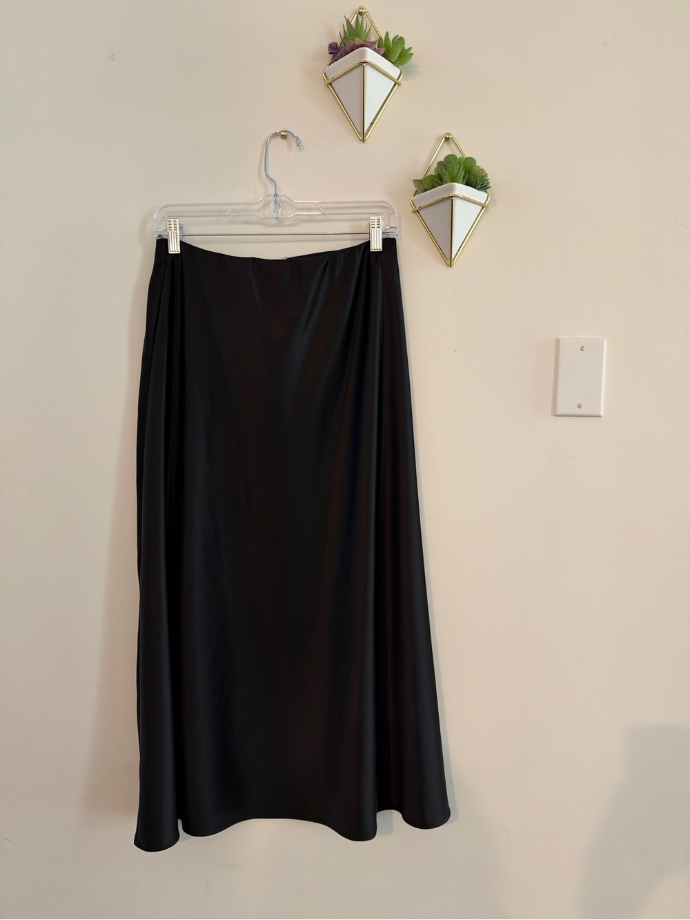 A New Day Black Satin Midi Skirt Side Slit Size S